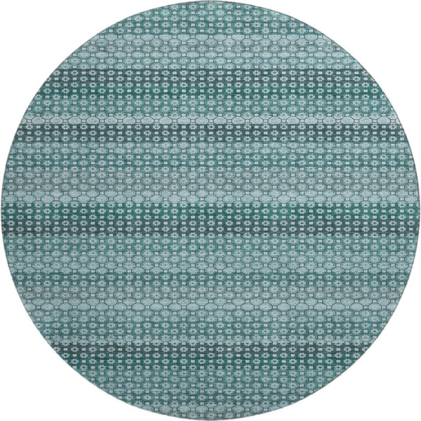 HomeRoots 8' X 8' Stylish Teal Gray Ivory Striped Washable Round Rug with UV Protection for Active Homes 693609