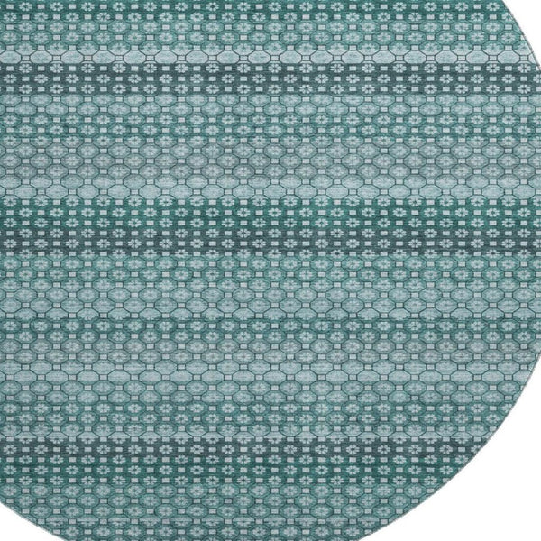 HomeRoots 8' X 8' Stylish Teal Gray Ivory Striped Washable Round Rug with UV Protection for Active Homes 693609