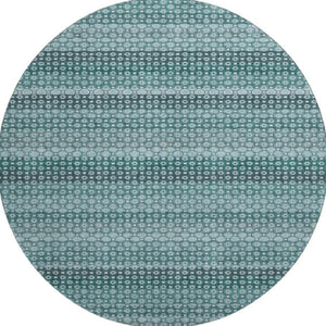 HomeRoots 8' X 8' Stylish Teal Gray Ivory Striped Washable Round Rug with UV Protection for Active Homes 693609