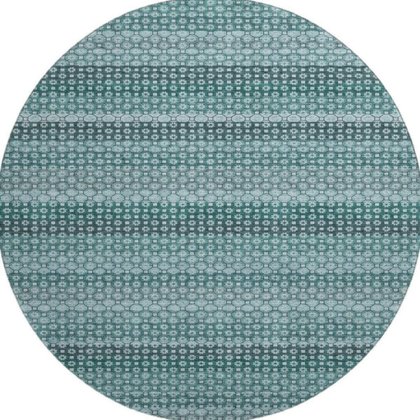 HomeRoots 8' X 8' Stylish Teal Gray Ivory Striped Washable Round Rug with UV Protection for Active Homes 693609