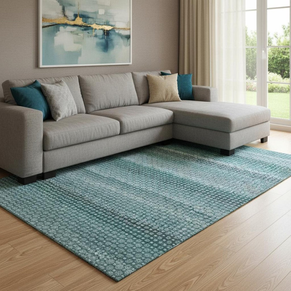 HomeRoots 8' Teal Gray & Ivory Striped Washable Area Rug with UV Protection – Durable, Stain-Resistant Design 693610