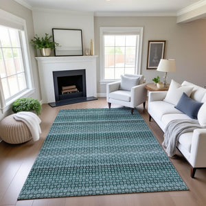 HomeRoots 9' X 12' Teal Gray Ivory Striped Area Rug - Durable, Stain-Resistant, UV Protected for High-Traffic Spaces 693611