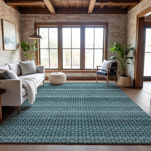 HomeRoots 9' X 12' Teal Gray Ivory Striped Area Rug - Durable, Stain-Resistant, UV Protected for High-Traffic Spaces 693611