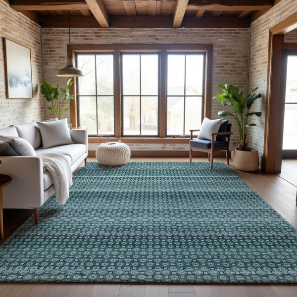 HomeRoots 9' X 12' Teal Gray Ivory Striped Area Rug - Durable, Stain-Resistant, UV Protected for High-Traffic Spaces 693611