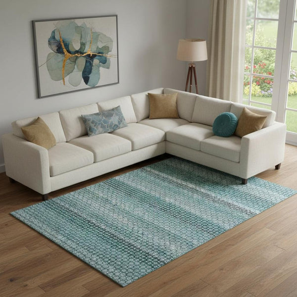 HomeRoots 10' Teal Gray and Ivory Striped Washable Area Rug - UV Protected, Durable, Stylish for Any Room 693612