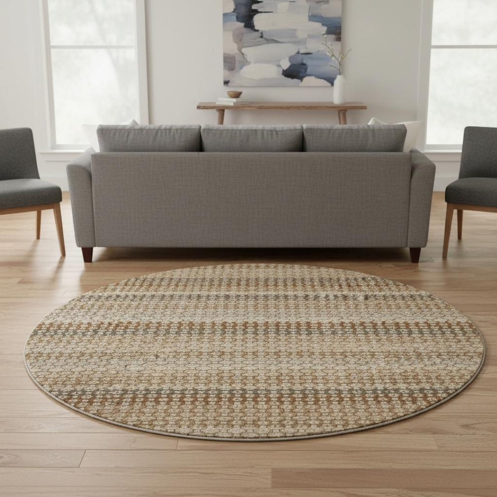 HomeRoots 8' X 8' Washable Round Area Rug - Striped Taupe, Rust & Brown with UV Protection for Homes 693615