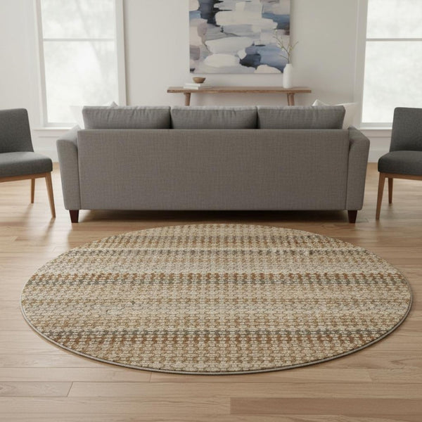 HomeRoots 8' X 8' Washable Round Area Rug - Striped Taupe, Rust & Brown with UV Protection for Homes 693615