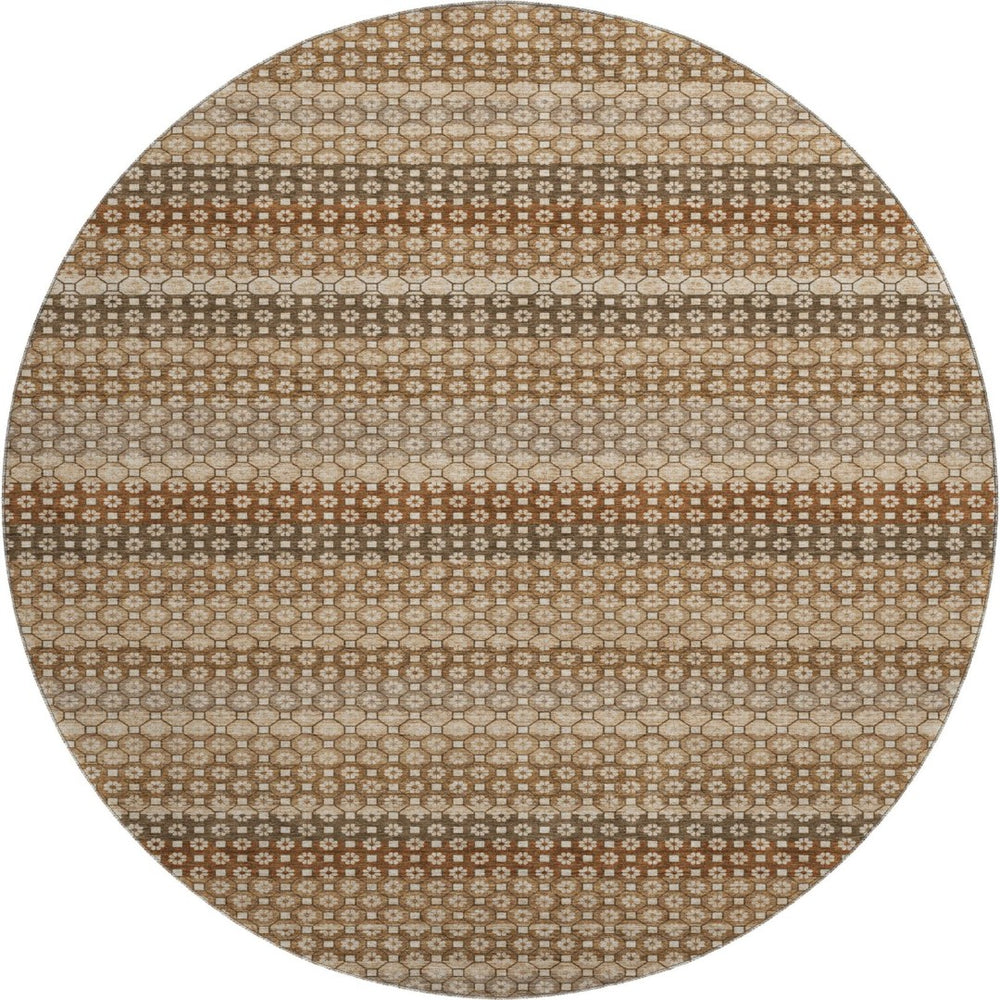 HomeRoots 8' X 8' Washable Round Area Rug - Striped Taupe, Rust & Brown with UV Protection for Homes 693615