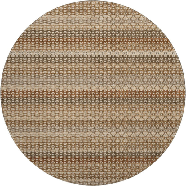 HomeRoots 8' X 8' Washable Round Area Rug - Striped Taupe, Rust & Brown with UV Protection for Homes 693615