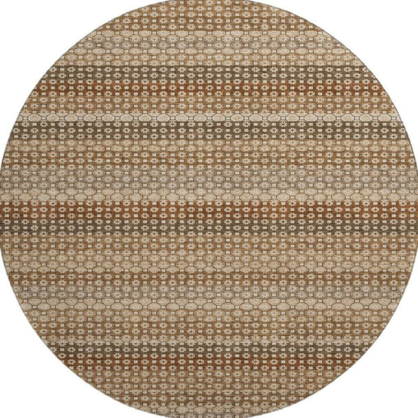 HomeRoots 8' X 8' Washable Round Area Rug - Striped Taupe, Rust & Brown with UV Protection for Homes 693615