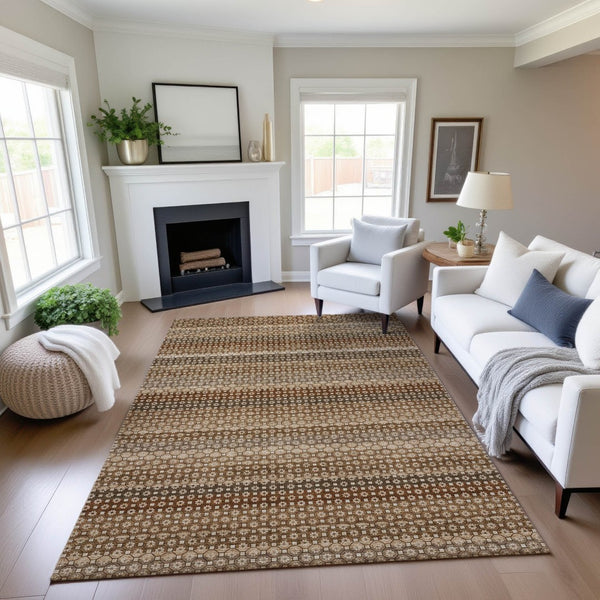 HomeRoots 8' Striped Washable Area Rug in Taupe, Rust & Brown – Durable, UV-Protected, Stain-Resistant Design 693616