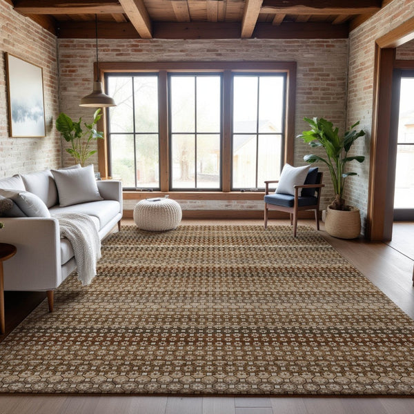 HomeRoots 8' Striped Washable Area Rug in Taupe, Rust & Brown – Durable, UV-Protected, Stain-Resistant Design 693616