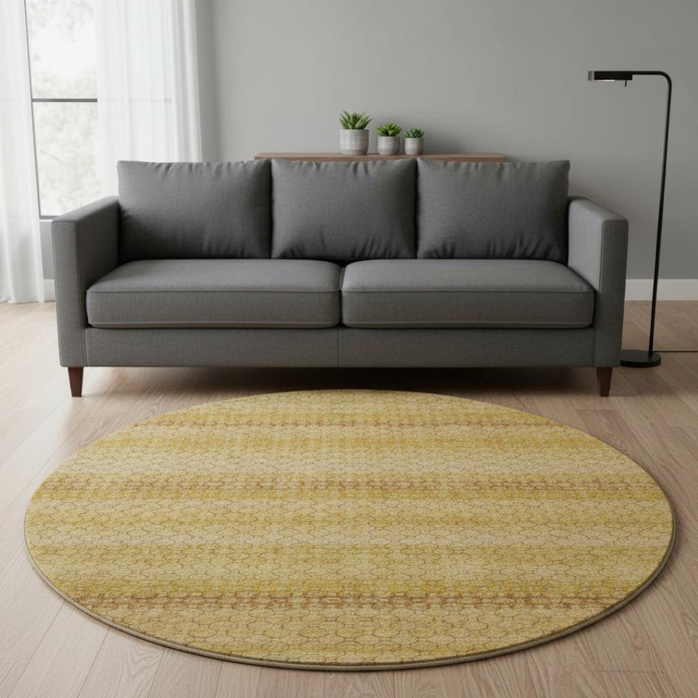 HomeRoots 8' Round Wheat Gold & Beige Striped Washable Rug - Durable, UV Protected, Ideal for Homes & Decor 693621
