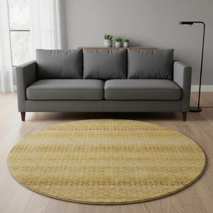 HomeRoots 8' Round Wheat Gold & Beige Striped Washable Rug - Durable, UV Protected, Ideal for Homes & Decor 693621