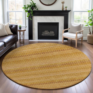 HomeRoots 8' Round Wheat Gold & Beige Striped Washable Rug - Durable, UV Protected, Ideal for Homes & Decor 693621