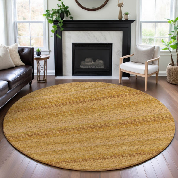 HomeRoots 8' Round Wheat Gold & Beige Striped Washable Rug - Durable, UV Protected, Ideal for Homes & Decor 693621