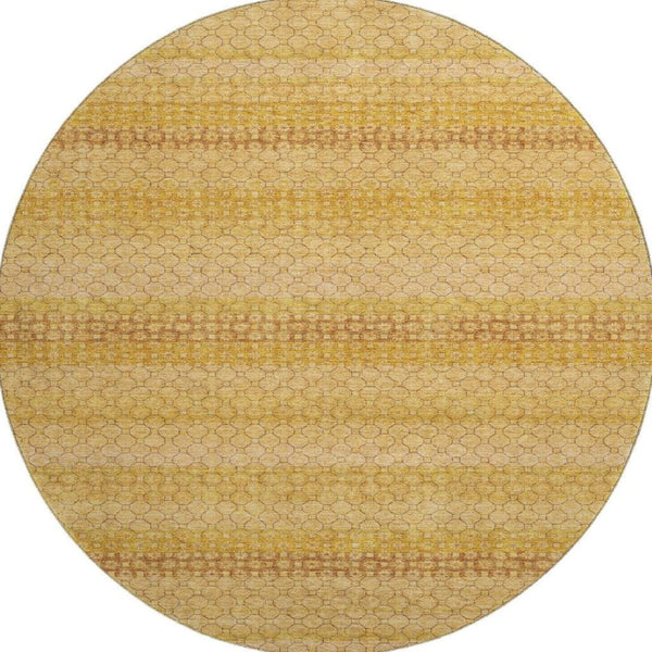 HomeRoots 8' Round Wheat Gold & Beige Striped Washable Rug - Durable, UV Protected, Ideal for Homes & Decor 693621