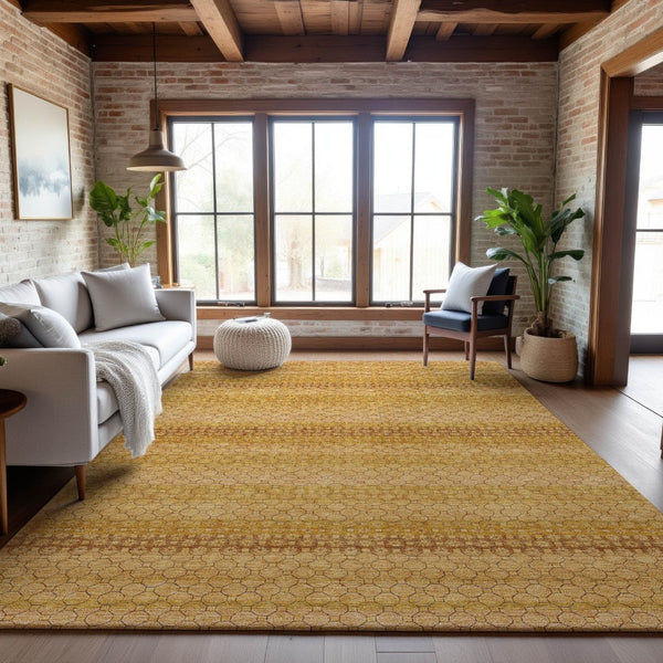 HomeRoots 8' Wheat Gold and Beige Striped Area Rug - Washable, UV-Protected, Stain-Resistant for Easy Care! 693622