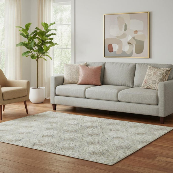 HomeRoots 5' X 8' Beige & Ivory Geometric Washable Area Rug - UV Protected, Stain-Resistant, Non-Slip Design 693626