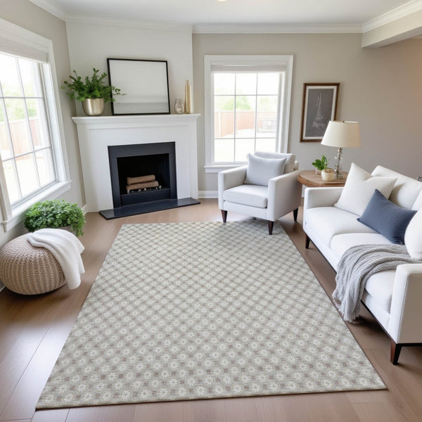 HomeRoots 8' Beige and Ivory Geometric Area Rug – Washable, Stain-Resistant, UV-Protected for Modern Spaces 693628