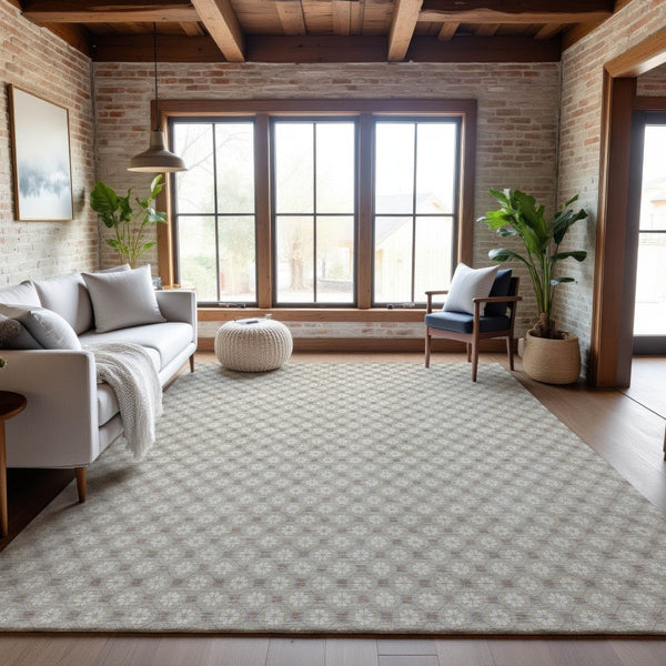 HomeRoots 8' Beige and Ivory Geometric Area Rug – Washable, Stain-Resistant, UV-Protected for Modern Spaces 693628