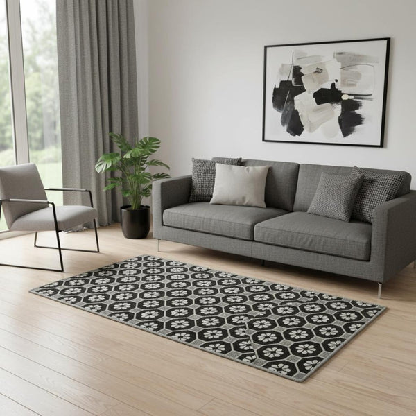 HomeRoots 5' X 8' Modern Black Gray Silver Geometric Washable Area Rug with UV Protection & Non-Slip Backing 693632