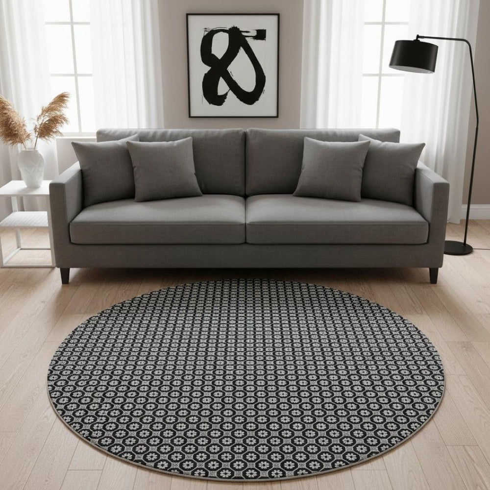 HomeRoots 8' X 8' Modern Black Gray Silver Geometric Washable Round Rug with UV Protection & Non-Slip Backing 693633