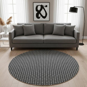 HomeRoots 8' X 8' Modern Black Gray Silver Geometric Washable Round Rug with UV Protection & Non-Slip Backing 693633