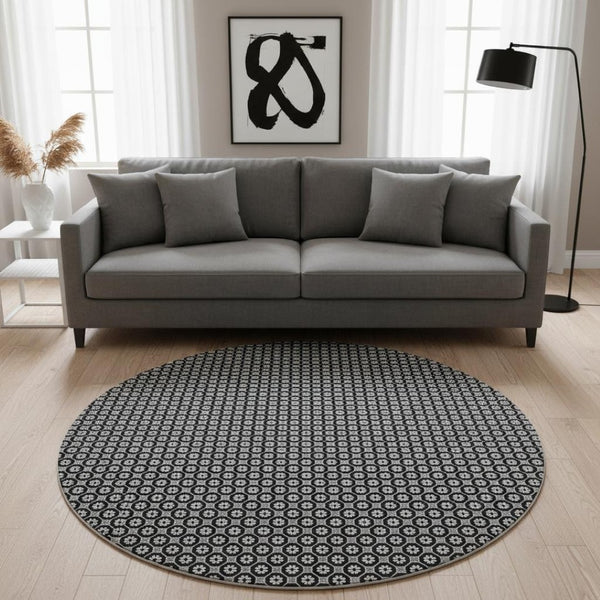 HomeRoots 8' X 8' Modern Black Gray Silver Geometric Washable Round Rug with UV Protection & Non-Slip Backing 693633