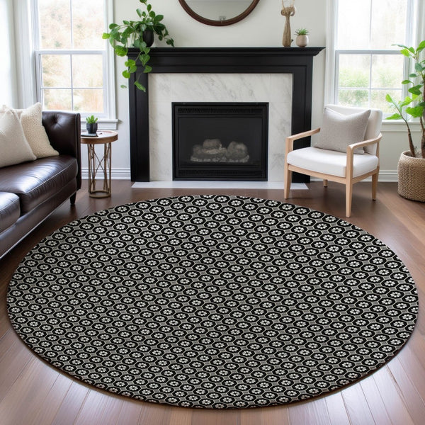 HomeRoots 8' X 8' Modern Black Gray Silver Geometric Washable Round Rug with UV Protection & Non-Slip Backing 693633
