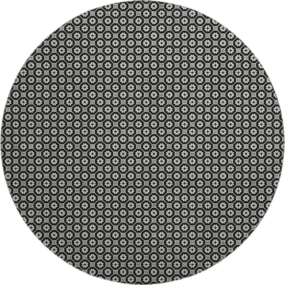 HomeRoots 8' X 8' Modern Black Gray Silver Geometric Washable Round Rug with UV Protection & Non-Slip Backing 693633