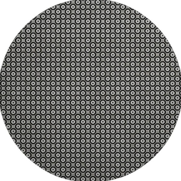 HomeRoots 8' X 8' Modern Black Gray Silver Geometric Washable Round Rug with UV Protection & Non-Slip Backing 693633