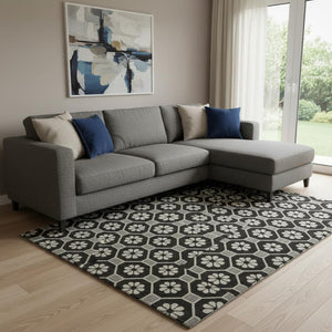 HomeRoots 8' Modern Geometric Area Rug in Black, Gray & Silver - Washable, UV-Protected & Stain-Resistant Design 693634