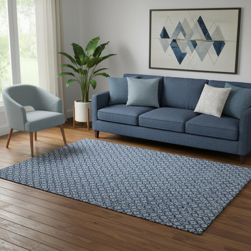 HomeRoots 5' Blue and Ivory Geometric Washable Area Rug with UV Protection - Durable, Stylish, Non-Slip Design 693638