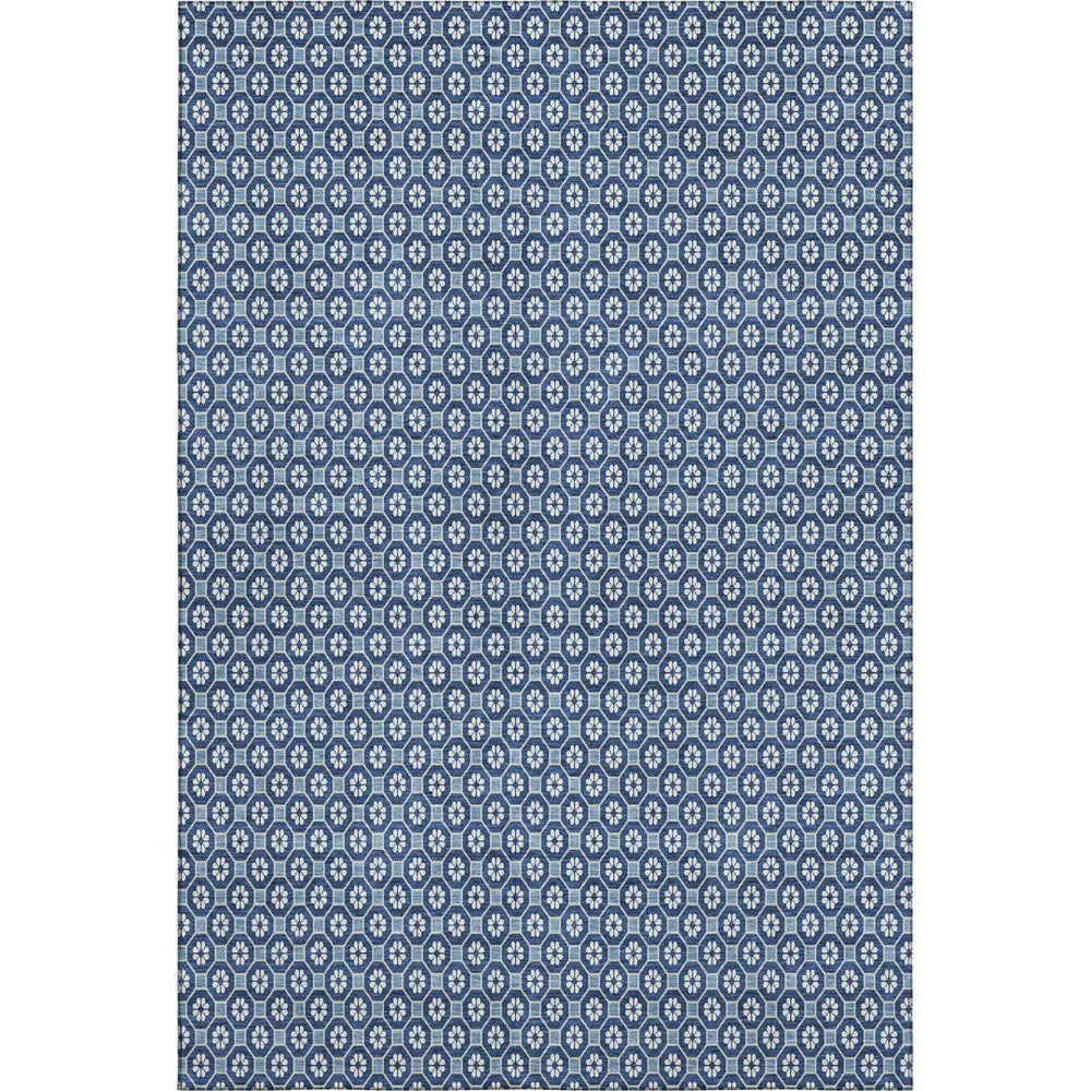 HomeRoots 5' Blue and Ivory Geometric Washable Area Rug with UV Protection - Durable, Stylish, Non-Slip Design 693638