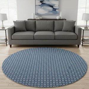HomeRoots 8' X 8' Blue and Ivory Geometric Washable Round Rug with UV Protection for Stylish High-Traffic Areas 693639