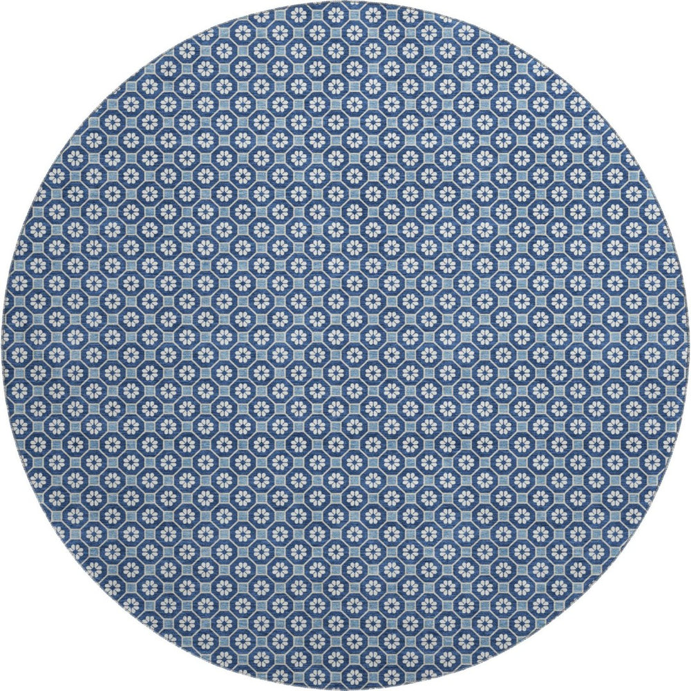 HomeRoots 8' X 8' Blue and Ivory Geometric Washable Round Rug with UV Protection for Stylish High-Traffic Areas 693639