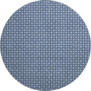 HomeRoots 8' X 8' Blue and Ivory Geometric Washable Round Rug with UV Protection for Stylish High-Traffic Areas 693639