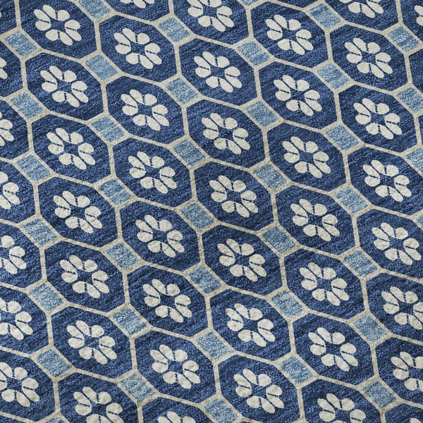 HomeRoots 8' X 8' Blue and Ivory Geometric Washable Round Rug with UV Protection for Stylish High-Traffic Areas 693639