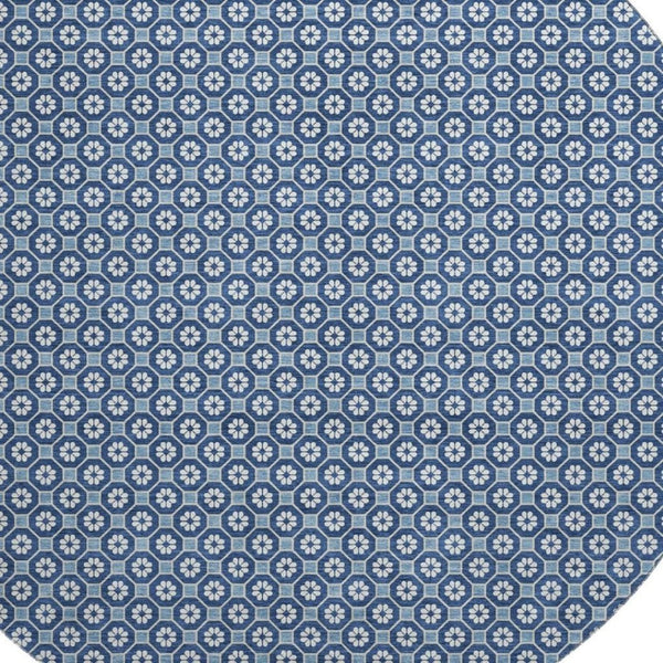 HomeRoots 8' X 8' Blue and Ivory Geometric Washable Round Rug with UV Protection for Stylish High-Traffic Areas 693639
