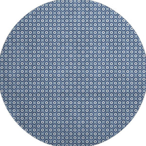 HomeRoots 8' X 8' Blue and Ivory Geometric Washable Round Rug with UV Protection for Stylish High-Traffic Areas 693639