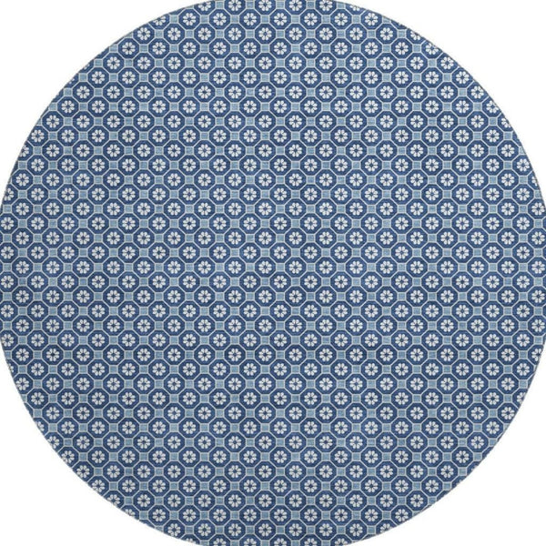 HomeRoots 8' X 8' Blue and Ivory Geometric Washable Round Rug with UV Protection for Stylish High-Traffic Areas 693639