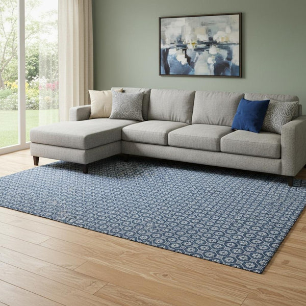 HomeRoots 8' Stylish Blue and Ivory Geometric Washable Area Rug with UV Protection for High-Traffic Spaces 693640