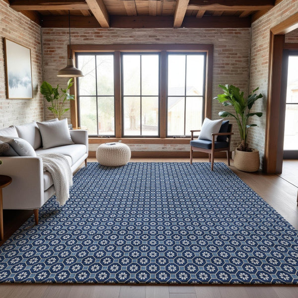 HomeRoots 8' Stylish Blue and Ivory Geometric Washable Area Rug with UV Protection for High-Traffic Spaces 693640