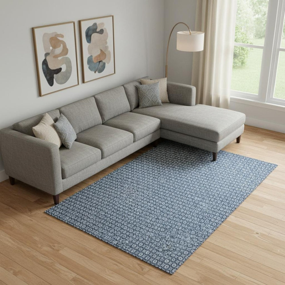 HomeRoots 9' X 12' Blue and Ivory Geometric Washable Area Rug with Stain Resistance and UV Protection Benefits 693641