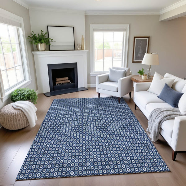 HomeRoots 10' Blue and Ivory Geometric Washable Area Rug with UV Protection - Durable, Stylish, Non-Slip Design! 693642