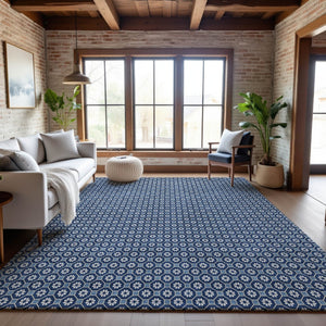 HomeRoots 10' Blue and Ivory Geometric Washable Area Rug with UV Protection - Durable, Stylish, Non-Slip Design! 693642