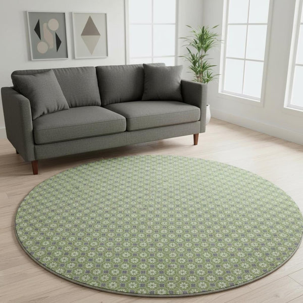 HomeRoots 8' X 8' Washable Round Rug - Modern Green, Gray & Ivory Geometric Design with UV Protection & Non-Slip Backing 693645