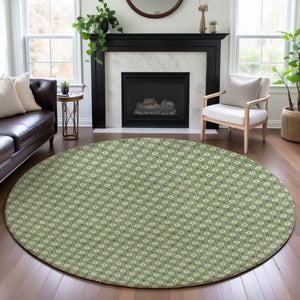 HomeRoots 8' X 8' Washable Round Rug - Modern Green, Gray & Ivory Geometric Design with UV Protection & Non-Slip Backing 693645