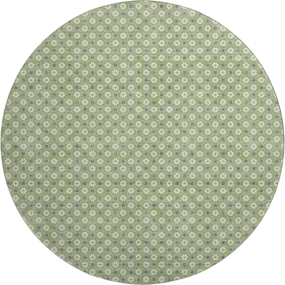 HomeRoots 8' X 8' Washable Round Rug - Modern Green, Gray & Ivory Geometric Design with UV Protection & Non-Slip Backing 693645
